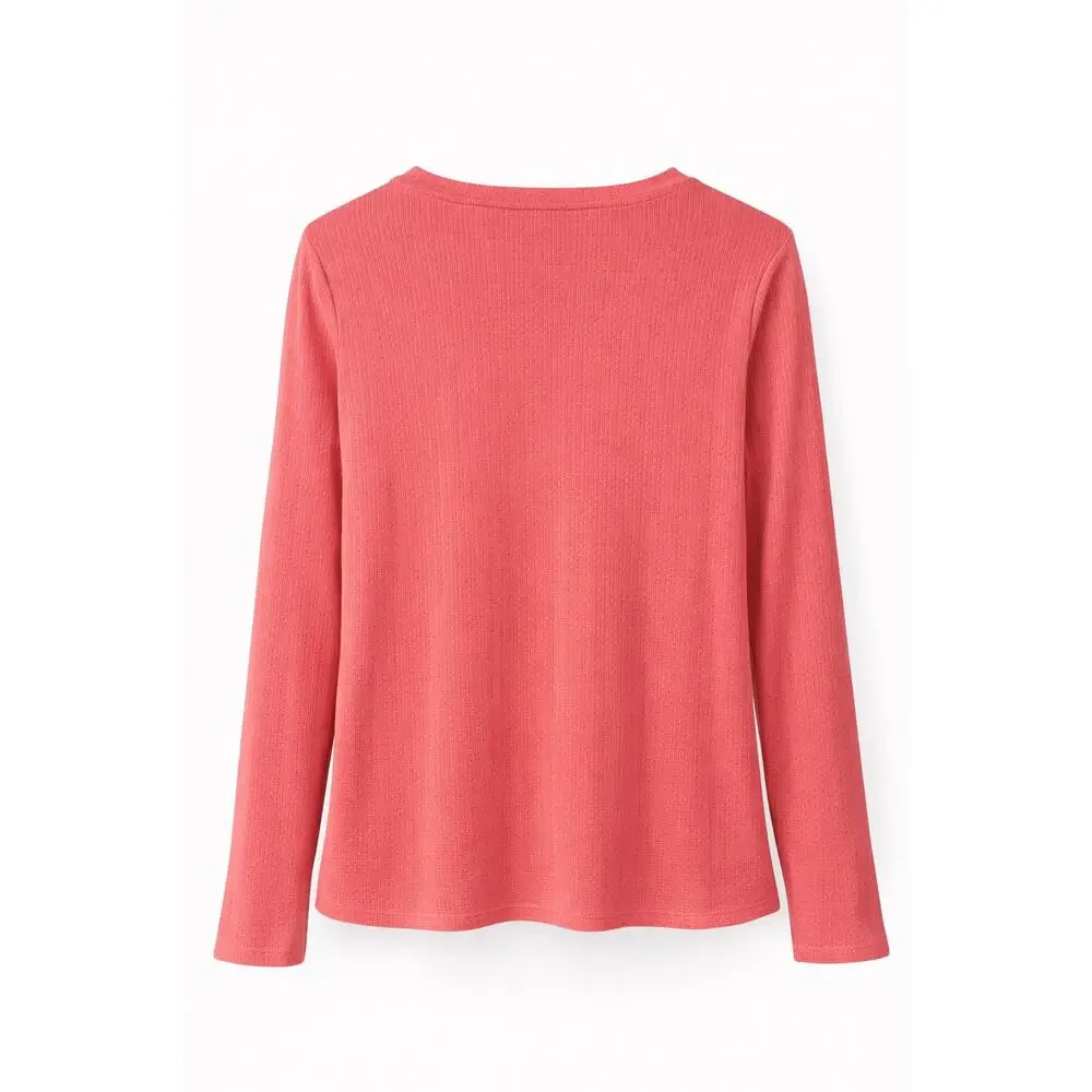 Womens Pink Henley Top Size M Long Sleeve Fishermancore Ribbed Casual Basic Tee - Picture 2 of 6